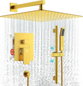 SR SUN RISE 12 Inch Brushed Gold Shower Faucet Set, Wall-Mount Adjustable 16-Inch Slide Bar with Square Hand Shower System Included Valve and Trim Kit