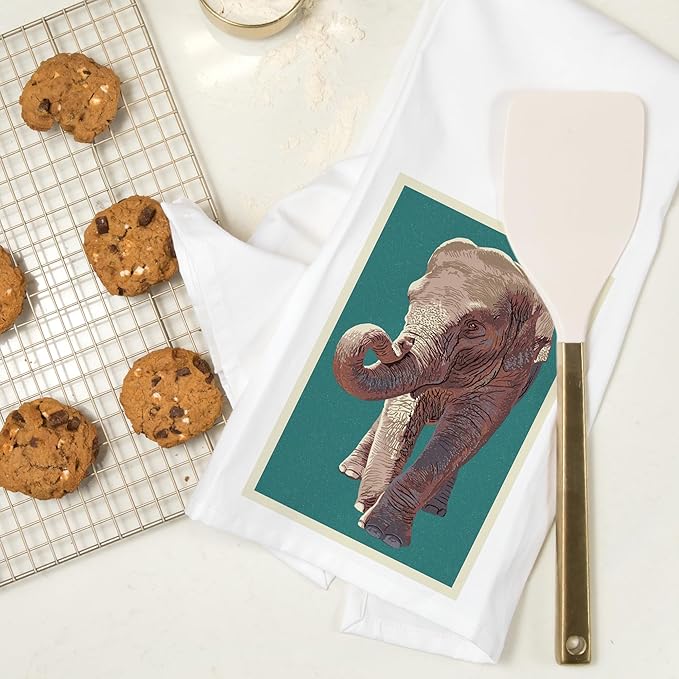 Asian Elephant, Letterpress (100% Cotton Tea Towel, Decorative Hand Towel, for Kitchen and Home)