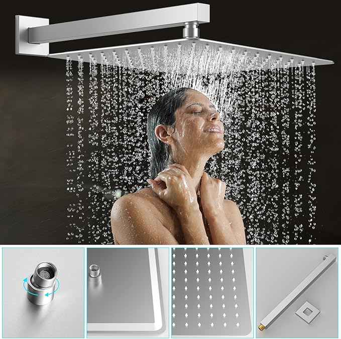 Shower System Modern Rain Brass Faucet Set With Valve and Diverter Shower Mixer With Handheld High Pressure Square Rainfall Shower Valve (12'' Wall Mount, Brushed Nickel)