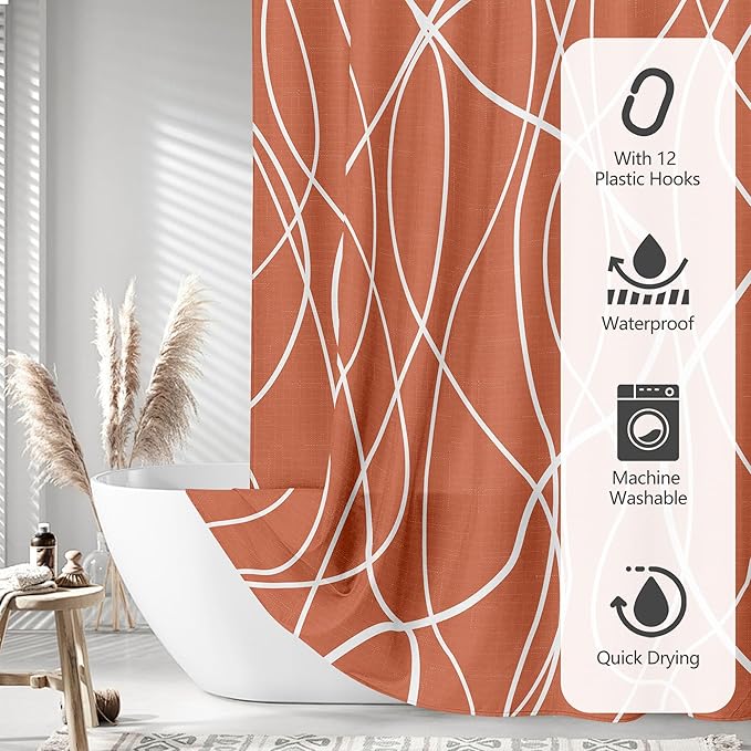 Tititex Morden 140gms Faux Linen Fabric Bath Shower Curtain Set Textured Fabric with Caramel White Curve Pattern 72x72 Inch Water Resistant Bathroom Curtains, Weighted Hem & Hooksfor Hotel/Home