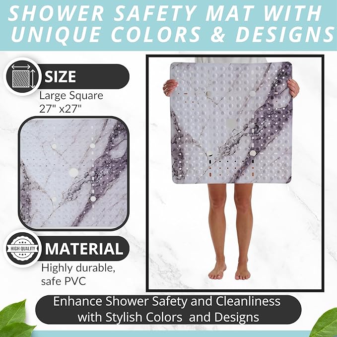ENKOSI Square Shower Mat 27x27 inch - Anti Slip Shower Stall Floor Mat - Non Slip Shower Mats with Strong Secure Suction Cups and Drain Holes in Middle (27x27 Marble Grey)
