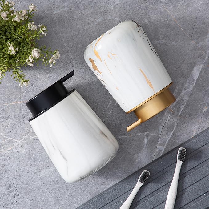 Enra Ceramic Soap Dispenser,12 oz Marble Lotion Dispenser Bathroom Liquid Refillable Hand Soap Dispenser for Bathroom Kitchen with Easy-to-Press Pump(Marble Liquid Type)