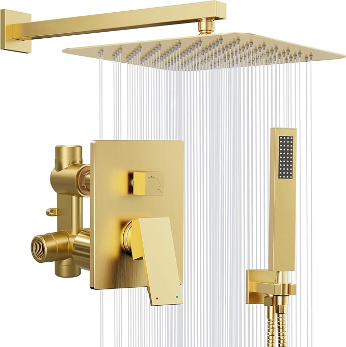 Gold Shower System, 10'' Square Rainfall Shower Head with Handheld Combo Spray, Bathroom Brushed Gold Shower Faucet Set with Valve, 59'' Shower Hose, Shower Trim Kit and Diverter, Wall Mounted