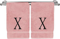Monogrammed Hand Towel, Personalized Initial Gift, Extra Absorbent 100% Turkish Cotton - Soft Terry Finish - Set of 2 - Black Block Initial X - Embroidered on Pink Towels