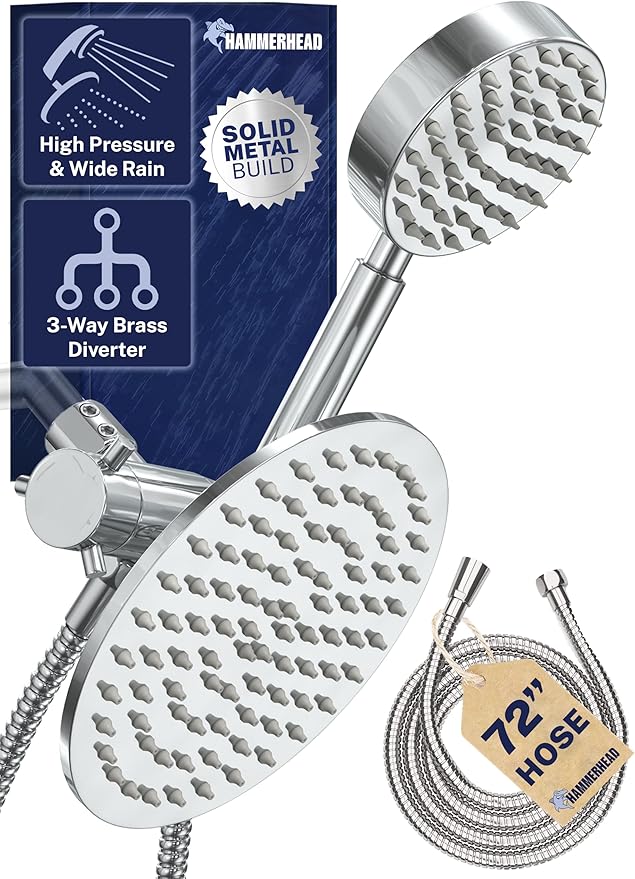 HammerHead Showers® Solid Metal Dual Shower Head Combo – CHROME – 8 Inch Rainfall High Flow Shower Head & Handheld Shower Head High Pressure with Hose 6ft - Hotel-Like Double Shower Heads