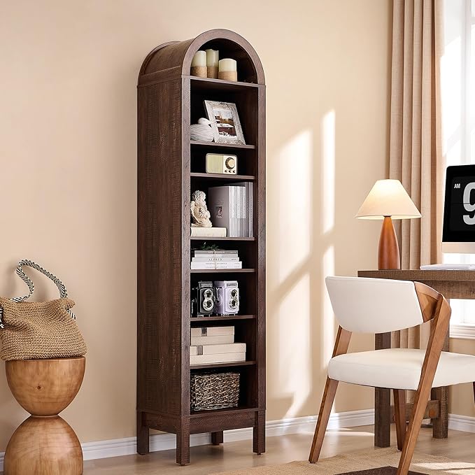 71" Tall Arched Bathroom Storage Cabinet, 8-Tier Modern Farmhouse Storage Cabinet with Adjustable Shelves, Wood Freestanding Cabinet for Bathroom, Living Room, Entryway, Hallway (Brown)