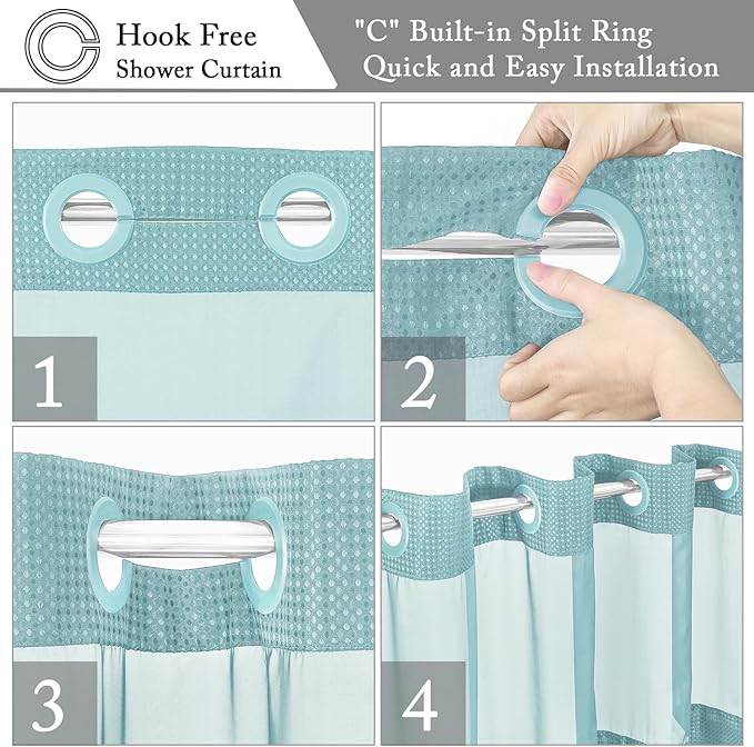 Gibelle No Hook Waffle Weave Shower Curtain with Snap-in Fabric Liner Set for Bathroom, Hotel Style with Mesh Top Window, Waterproof & Washable, Teal, 72x74