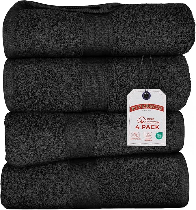 RIVERSIDE 100% Ring Spun Cotton Large Bath Towels Set of 4, 27 x 54 Inches – Quick Dry, Soft & Highly Absorbent Towels for Shower & Bathroom – Luxury 600 GSM Towels for Home, Spa, Gym, Hotel, Black