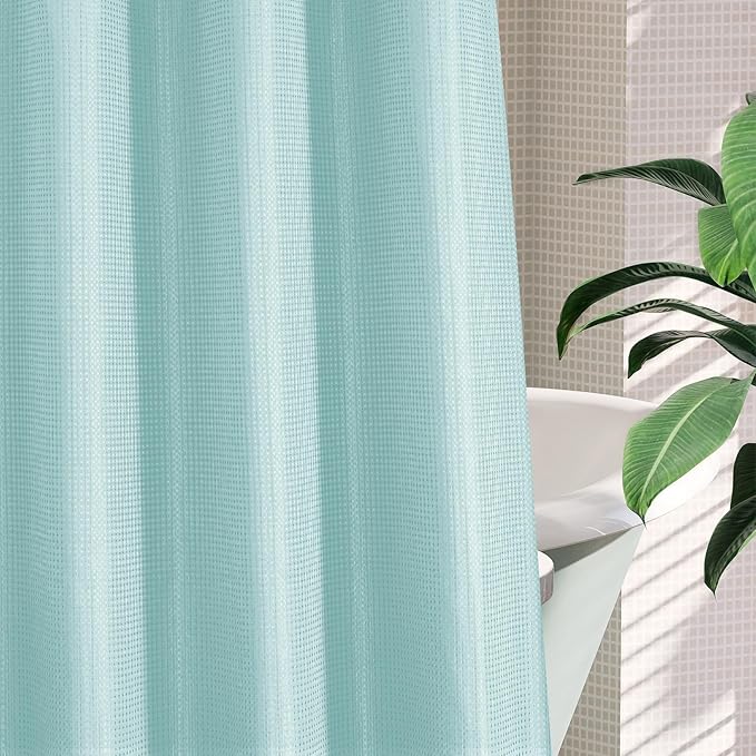 MitoVilla Teal Long Shower Curtain Liner Set 72 x 80, No Hooks Needed 80 inch Long Heavyweight Waffle Fabric Shower Curtain Set with Snap-in Liner for Aqua Hotel Grade Spa-Like Bathroom Decor