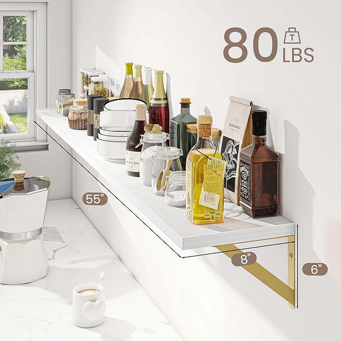 Dreamland 8 inch Deep Floating Shelves for Wall, 55 inch Long White Wall Mounted Shelves Set of 2, Wide Ledge Shelf with Gold Sturdy Metal Brackets for Living Room, Bathroom, Bedroom and Kitchen