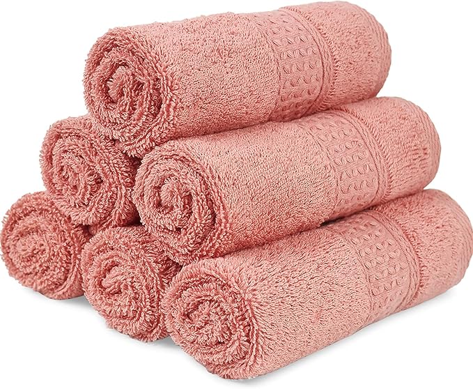 Cleanbear Ultra Soft Washcloths 6 Pack Cotton Face Cloths Wash Cloths Set - Large Bathroom WashCloth 13 x 13 Inches (Coral)