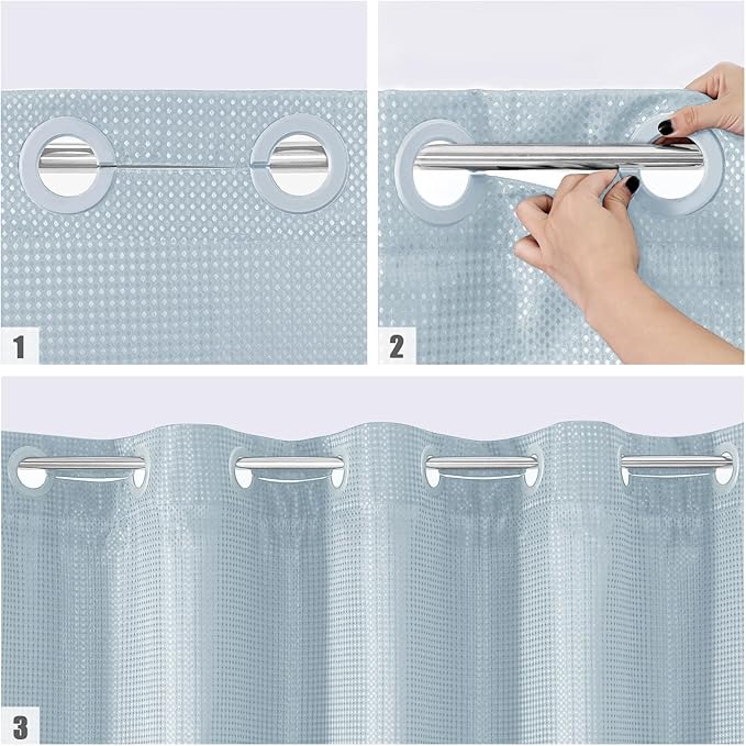 MitoVilla Blue Long Shower Curtain Liner Set 72 x 80, No Hooks Needed 80 inch Long Heavyweight Waffle Fabric Shower Curtain Set with Snap-in Liner for Hotel Grade Spa-Like Bathroom Decor, Fog Blue
