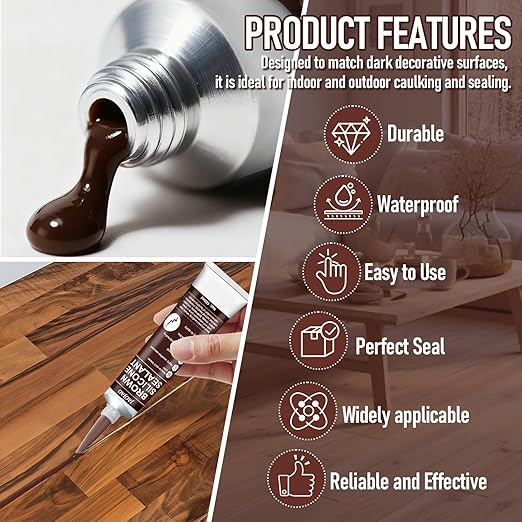 JAOJAO Brown Silicone Caulk, Brown Caulk Water-Resistant Adhesive Perfect Seal for Interior and Exterior Use Reliable and Effective Long-Lasting Protection for Doors Windows Siding Roofing,100g