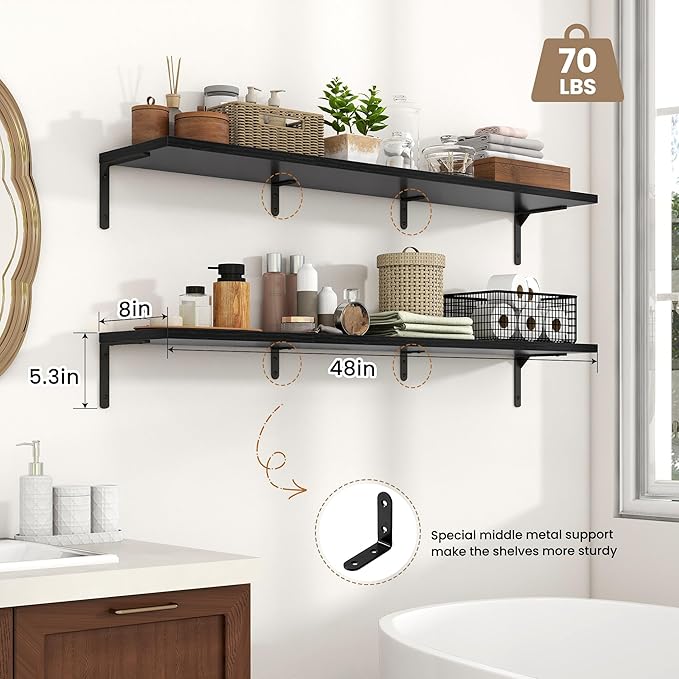 Fun Memories Deep Floating Shelves, 48W x 8D Floating Shelves Set of 2, Wall Mounted Shelf with Metal Brackets, Rustic Wood Wall Shelf for Bathroom, Kitchen and Living Room, Black