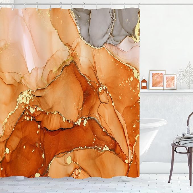 Extra Long Shower Curtain 72 x 96 Inch, Orange Floor to Ceiling X-Long Abstract Marble Shower Curtains for Bathroom, Modern Luxury Art Ink Fabric Shower Curtain Set with Hooks