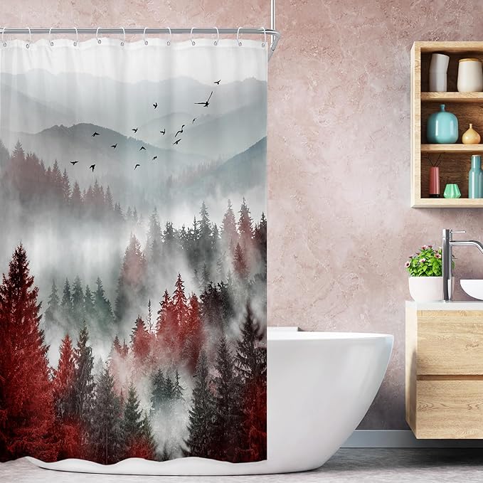 Riyidecor Stall Half Small Rv Shower Curtain 36Wx72H Inch Red Black Mountain Single Stand Up Camp Narrow Scenery Nature View Woodland Pine Tree Bathroom Decor Fabric Polyester Waterproof 7 Pack Hooks