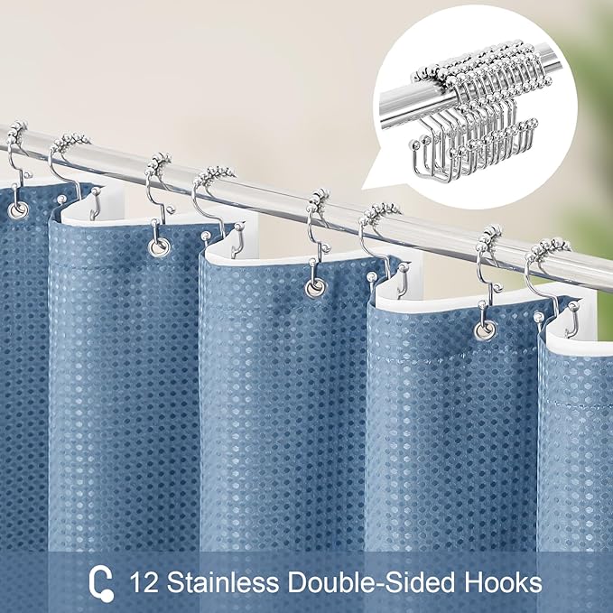 3 in 1 Extra Long Moonlight Blue Shower Curtain Set-72 W x 84 H, Modern Waffle and PEVA Liner Set with 12 Stainless Steel Hooks, Waterproof Fabric for Bathroom