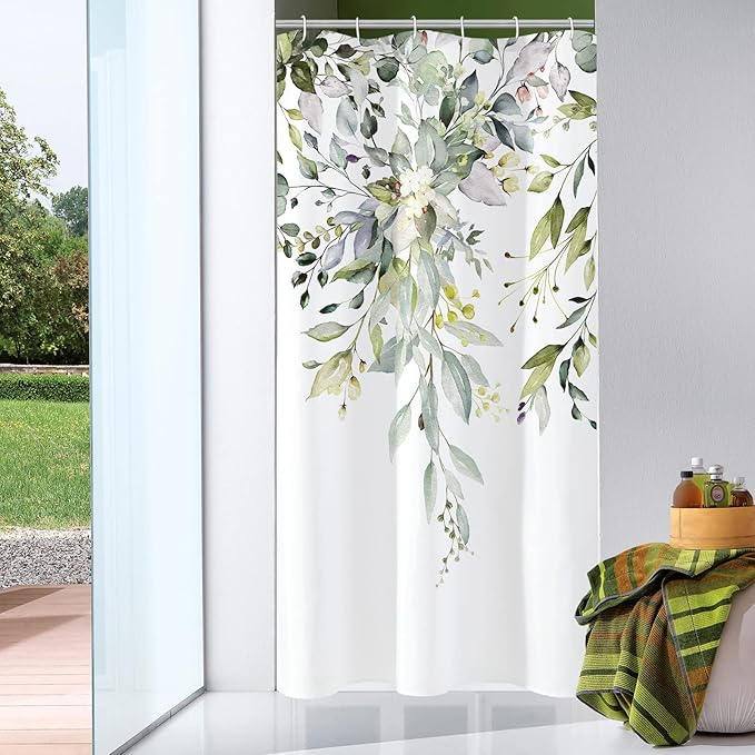 Gibelle Small Stall Shower Curtain 36 x 72, Narrow Half Sage Green Floral Fabric Shower Curtain, Watercolor Plant Eucalyptus Leaves Bathroom Curtains Shower Set