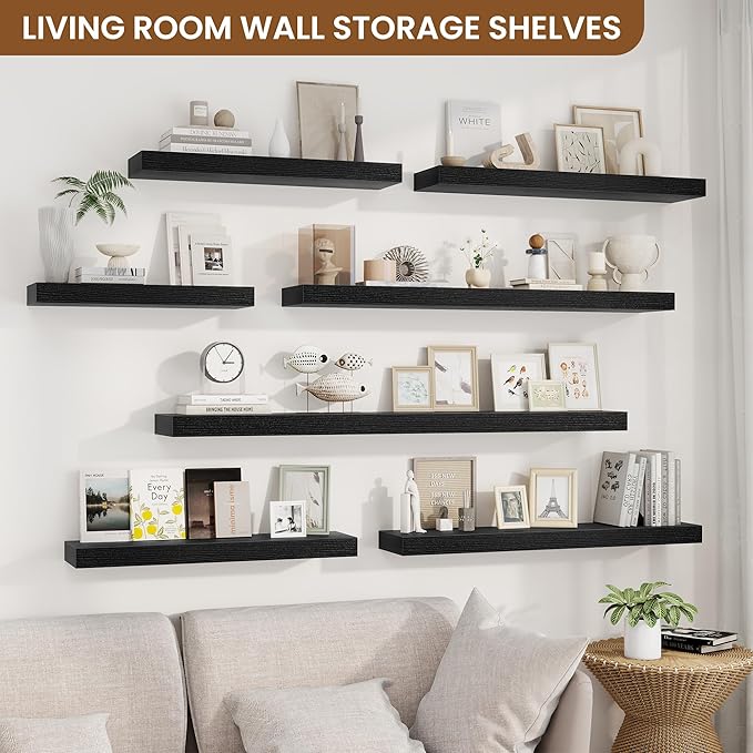 fuqing Floating Shelves for Wall, Wall Mounted Wood Floating Shelf with Invisible Brackets for Living Room, Bathroom, Bedroom, Kitchen Storage and Decor, 30 Inch Set of 2, Black