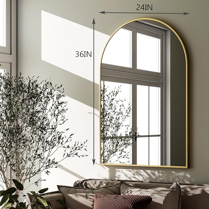HARRITPURE Arched Wall Mirror – 24"x36" Arch Bathroom Mirror, Gold Metal Frame Vanity Mirrors for Bedroom, Entryway, Living Room Home Decor