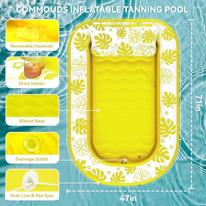 Inflatable Tanning Pool Lounger Float with Cervical Pillow - Pool Floats Adult for Sunbathing, Backyard, Pool Party - Inflate Ball Pit for Babies - Kids Swimming Pool Bed