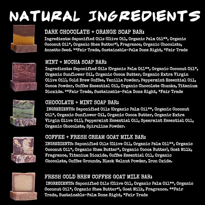 Bluebyrd Gourmet Assorted Handmade Soap Bars for Women & Men | Large, 25 oz Gift Set of 5 Natural Cleansing Bars - Chocolate Orange, Coffee, Mocha, Mint Chocolate | Vegan Soap Gift (Gourmet)