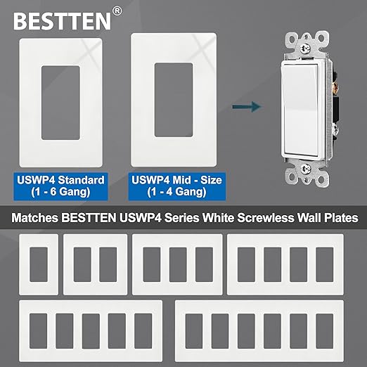 BESTTEN 100 Pack Single Pole Decorator Wall Light Switch with Wall Plate, 15A 120/277V, On/Off Rocker Paddle Interrupter for LED and Other Lamps, UL Listed, White
