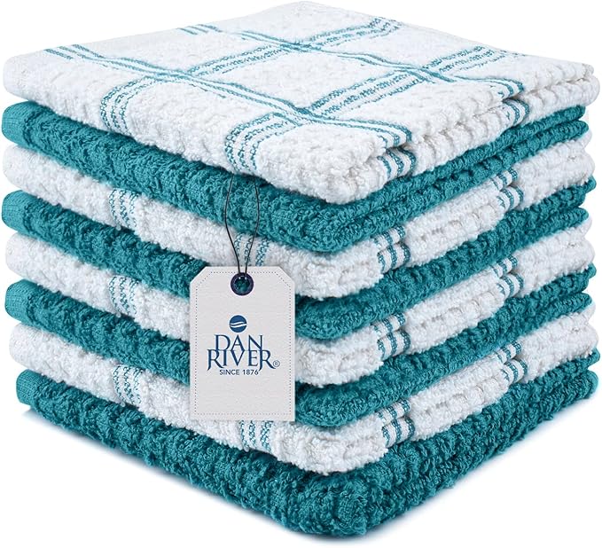 DAN RIVER Premium Dish Cloth 100% Cotton 12 X 12 Inches |Pack of 8|-Ultra Soft Tea Towels-Highly Absorbent Kitchen Rags-Terry Dishcloth for Kitchen and Household Cleaning |Teal|