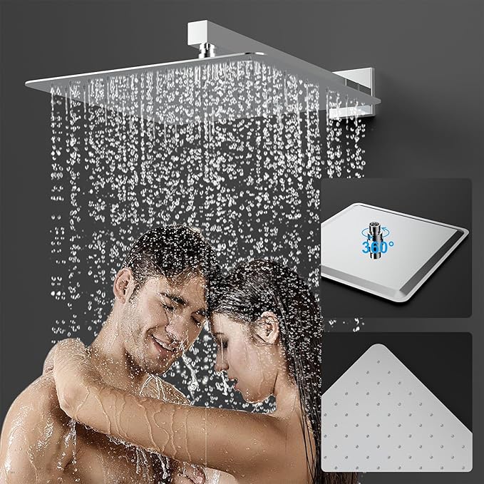 Shower System Modern Rain Brass Faucet Set With Valve and Diverter Shower Mixer With Handheld High Pressure Square Rainfall Shower Valve (12'' Wall Mount, Chrome Polished)