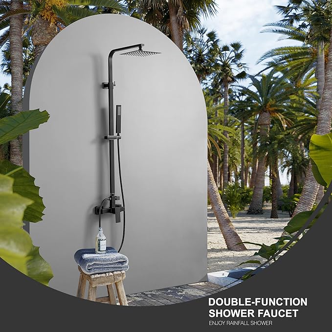 Outdoor Shower Kit, Solid Metal Tangular Outdoor Shower Faucet Fixtures with 8" Rainfall Showerhead with Handheld Sprayer Matte Black