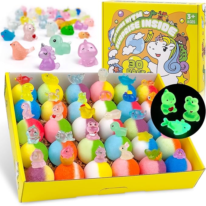 Bath Bombs for Kids with Toy Inside, 30 PCS Natrual and Organic Bubble Bath Bombs with Glow-in-The-Dark Surprise Inside, Perfect Handmade Birthday, Party, for Boys and Girls.