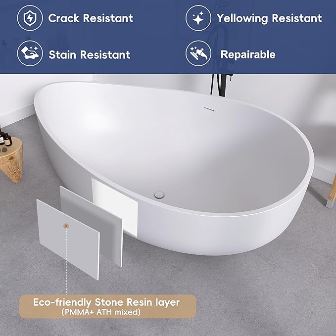 SJ STAR&JANE 71" Solid Surface Freestanding Bathtub, Oval Soaking Stone Resin Tub Couple Tub with Overflow and Pop-up Drain for Modern Bathrooms