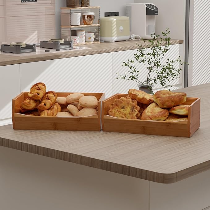 2 Set Open Front Stackable Storage Bins, Bamboo Stacking Storage Bins Food Vegetable Makeup Containers, Organizer Bins for Kitchen, Bathroom, Office, Cabinet, Countertop Storage (Long Walnut)