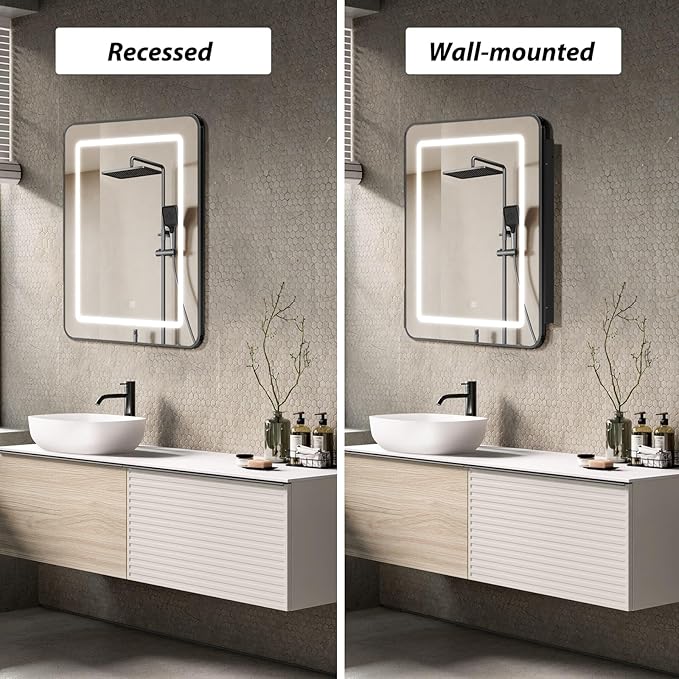 APRILSOUL 20X30 Inch Black Bathroom Medicine Cabinet with Mirror, Recessed or Surface Lighted Medicine Cabinet with 3 Colors Temperature, Dimmable Light