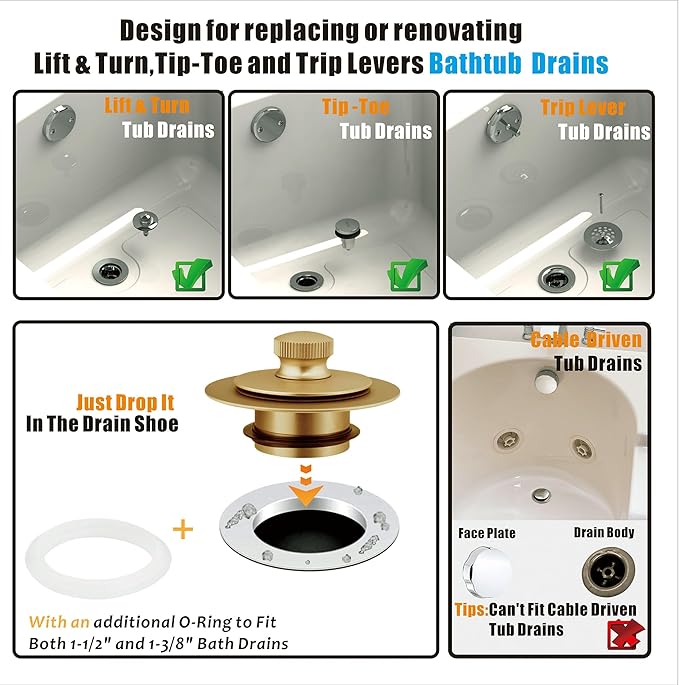 Artiwell Bath Tub Drain Trim Set Conversion Kit Assembly, With Easy Installation Lift and Turn Twist Bathdrain Stopper and Two Holes Tub Drain Overflow Faceplate,Fit Most Bath Drains, Champagne Bronze