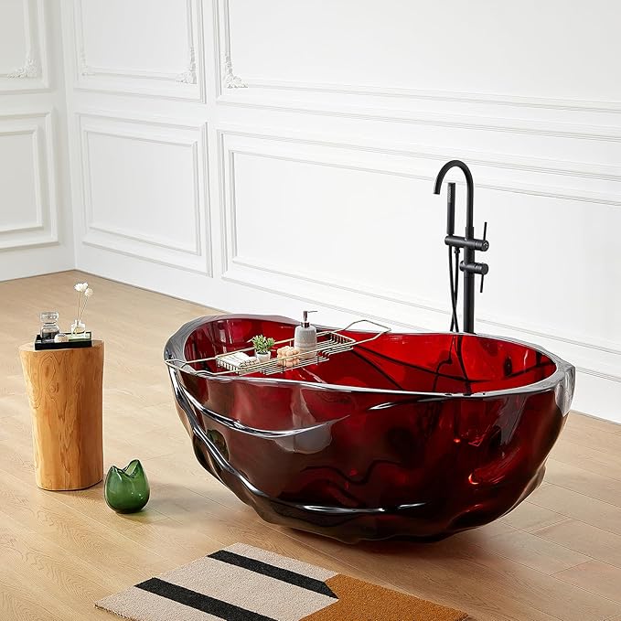 Cpingao 67" Resin Translucent Freestanding Bathtub, Modern Oval Stand Alone Tubs, Contemporary Transparent Resin Freestanding Bath 1700 MM with Drain Fiery Red 8852-1700-RED