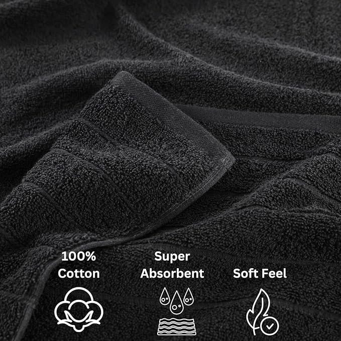 Casa Platino 100% Mercerized Cotton Luxury Bathroom Towels Set - 8 Piece - Ring Spun - 2 Bath, 4 Washcloths, 2 Hand Towels - Remains Soft & Absorbent Even After Multiple Washes - Midnight Black