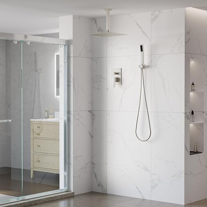 WELLFOR 12-In Ceiling Mount Shower System with Single Handle, Pressure-balanced Valve Included, Waterfall Dual Head Shower Head System, Rain Shower System, Shower Faucet Trim Kits, Brushed Nickel