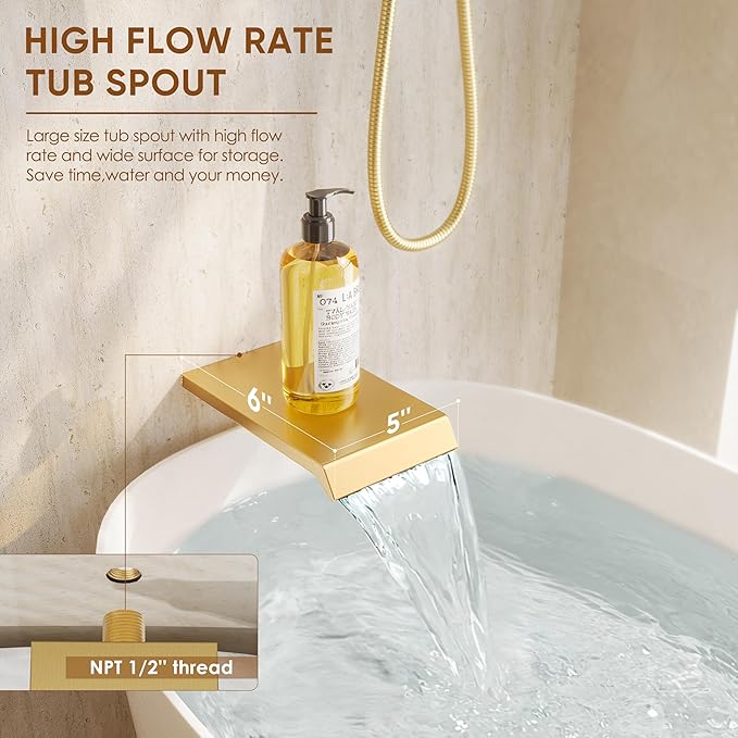 Shower System with Tub Spout, All Metal Tub Shower Faucet Set with 10-Inch Rain Shower Head and Handheld Spray combo, Wall Mounted Shower Combo Set with shower valve and Trim kit,Brushed Gold