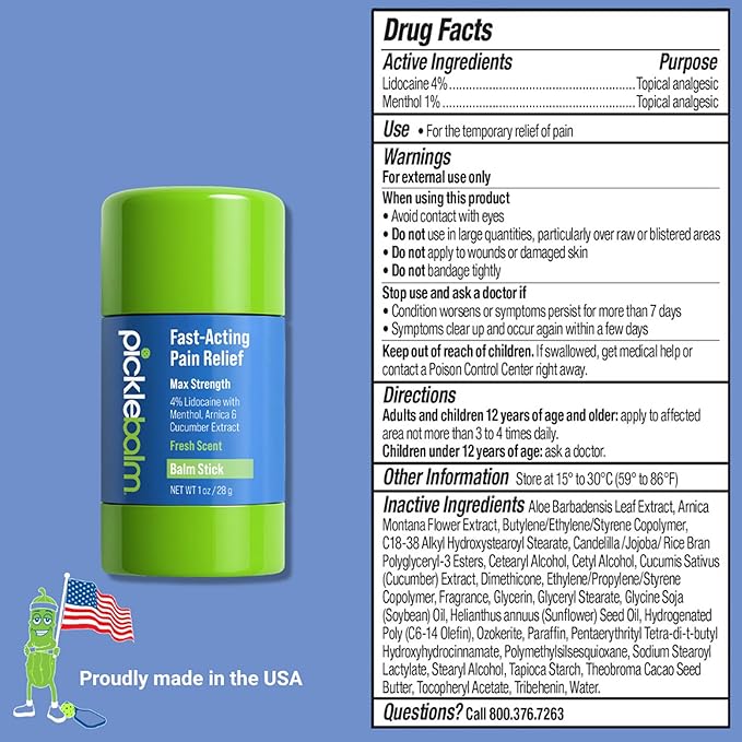 PickleBalm Pickleball In-Game Muscle Pain Relief Balm Stick with 4% Lidocaine, Arnica, Menthol, Cucumber Seed Extract for Shoulders, Knees, Wrists, and More, 1oz Stick
