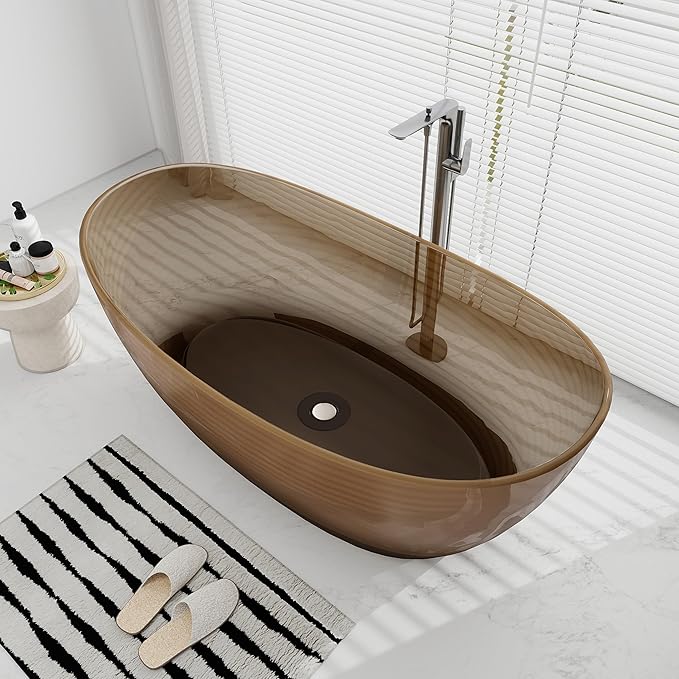 SJ STAR&JANE 65" Solid Surface Freestanding Bathtub Stone Resin Tub Oval Double Slippers Stand Alone Soaking Tub with Pop-up Drain and Overflow,Transparent Sepia