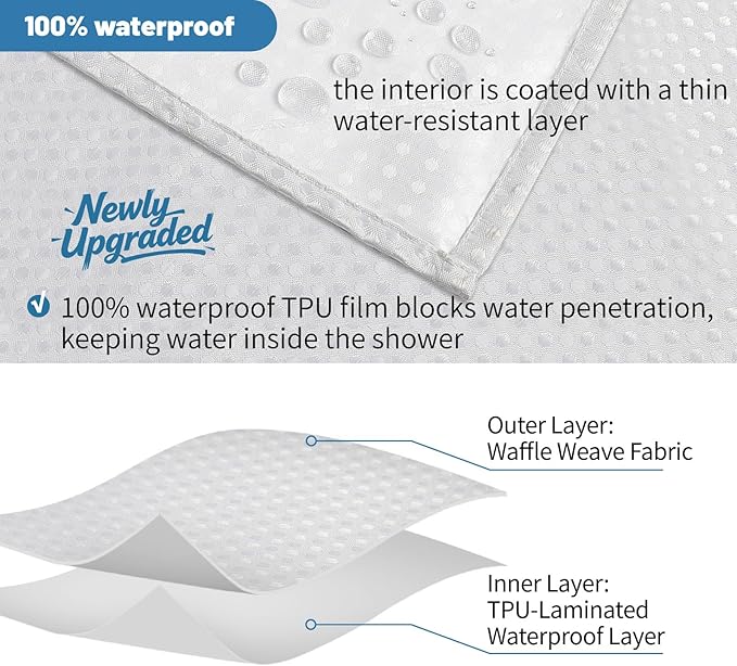 2-in-1 Waterproof Fabric Shower Curtain - No Separate Liner Needed, Hotel-Style Waffle Weave, Effortless Cleaning & Washable Bathroom Shower Curtain Set,72Wx72H,White
