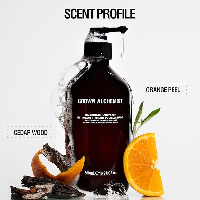 Grown Alchemist Invigorate Hand Wash Refill – Liquid Hand Soap with Aloe, Sweet Orange, Cedarwood & Sage – Gentle, Moisturizing Kitchen & Bathroom Soap, Natural Plant Based Gel Cleanser, 1L