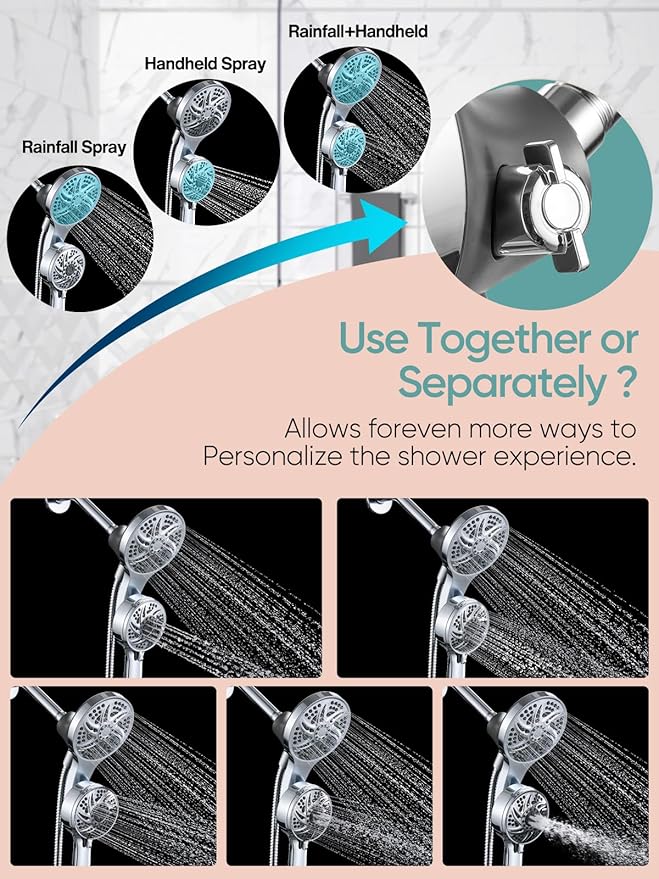 Cobbe High Pressure 3-Way Shower Head Combo, Hand Held Shower & Rain Shower Separately or Together, Dual 2 in 1 Showerhead with Stainless Steel Hose - Chrome
