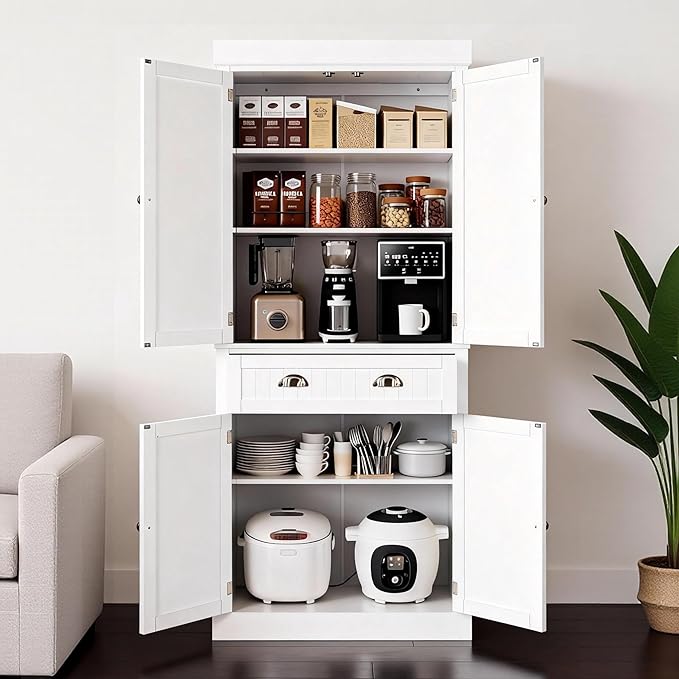 VINGLI 71-Inch White Storage Cabinets with Drawers, Freestanding Pantry Cabinets with Doors and Shelves Adjustable, Wood Farmhouse Kitchen Pantry Cupboard