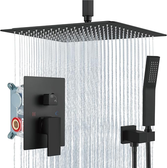 Aolemi Matte Black Ceiling Mount Rain Shower Head with Handheld Spray and High Pressure Faucet Set, Includes 16 Inch Shower Head and Trim Kit