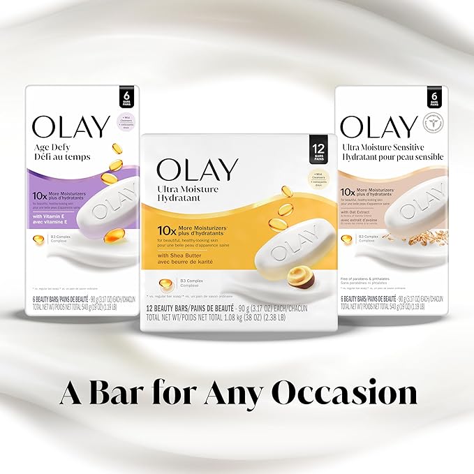 Olay Beauty Bar, Ultra Moisture,10x More Moisturizers, Nourishing Conditioners, Smooth & Gentle on Skin, Vitamin B3 Complex, For All Skin Types, Shea Butter Scent, 3.17 oz, (Pack of 48)