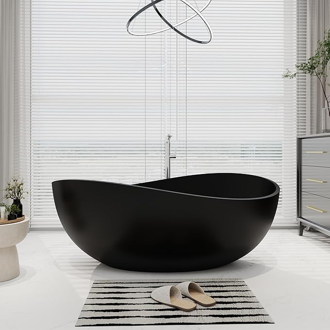 SJ STAR&JANE 63" x 38" Solid Surface Freestanding Bathtub, Oval Soaking Tub with Overflow and Pop-up Drain for Bathroom Matte Black