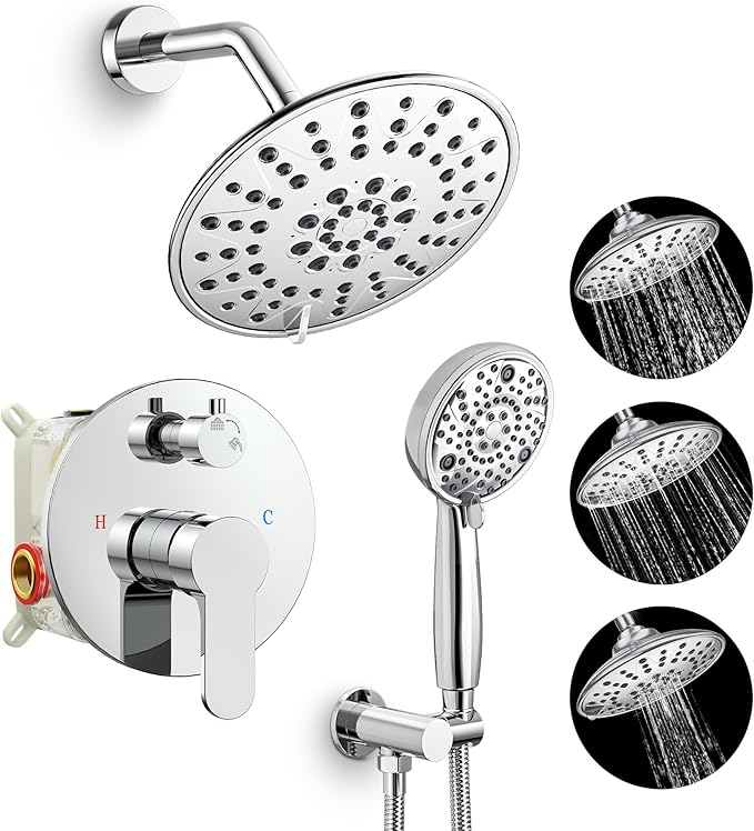SR SUN RISE Shower Faucet - 8 Inch Multifunctional High Pressure Shower Head System with Handheld Shower Head Fixtures - Valve Included - Polished Chrome