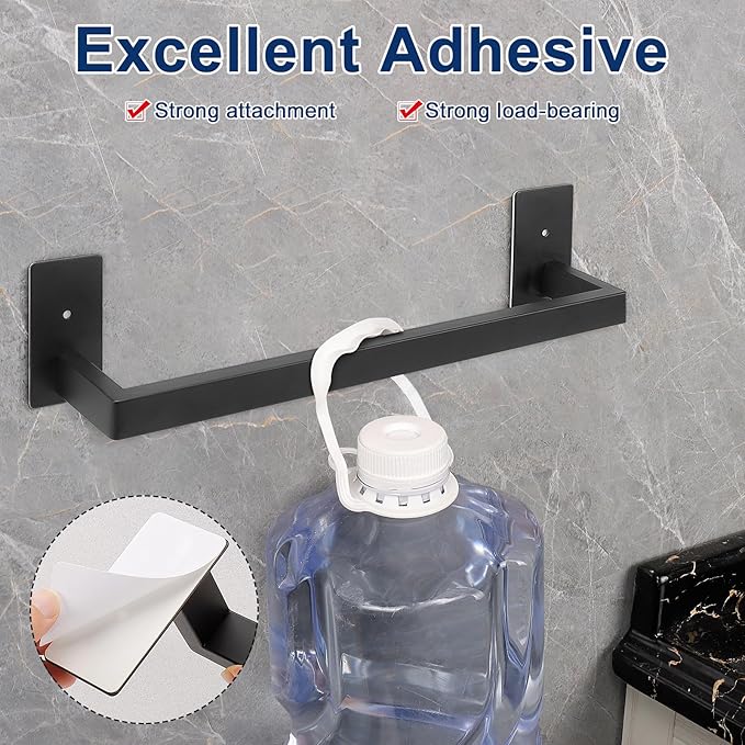 NearMoon Self Adhesive Bathroom Towel Bar, Stainless Steel Square Bath Wall Shelf Rack Hanging Towel Stick On Sticky Hanger Contemporary Style, Towel Rack Wall Mounted (16 Inch, Matte Black)